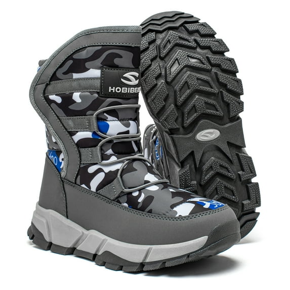 HOBIBEAR Boys Snow Boots Winter Waterproof Slip Resistant Shoes Grey,4.5 Big Kid