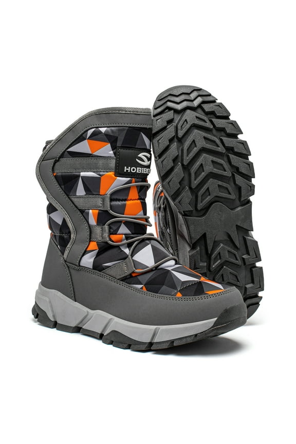 Boys Snow Boots Winter Waterproof Slip Resistant Shoes Orange/Grey,7 Big Kid