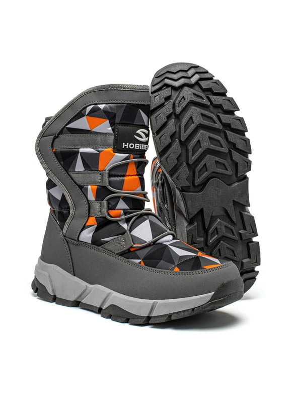 Boys Snow Boots Winter Waterproof Slip Resistant Shoes Orange/Grey,8 Toddler