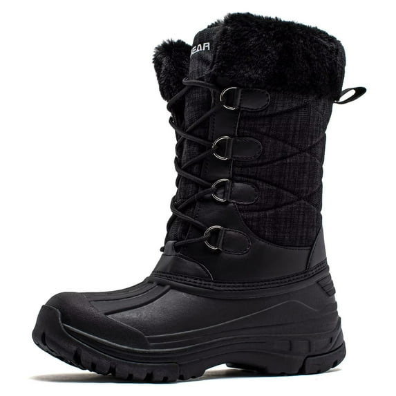 HOBIBEAR Women's Snow Boots Waterproof Anti-Slip Lace Up Mid Calf, Black, Size 8