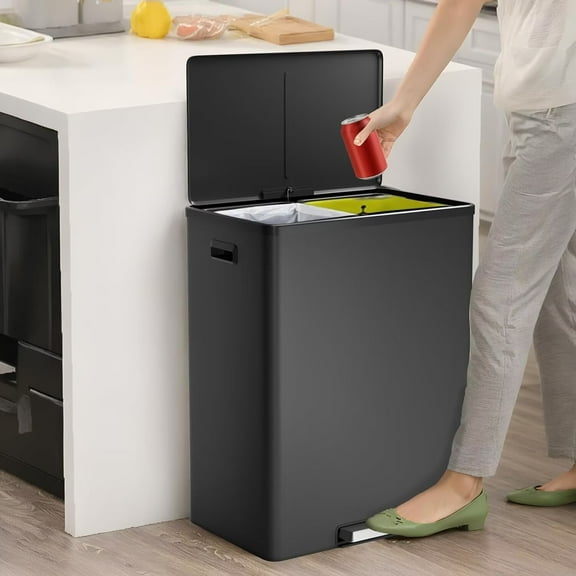 HOBLOC 16 Gallon Kitchen Trash Can, 30L+30L Step Dual Recycling Bin with 2 Removable Barrel, Wide Step Pedal, Soft Close Lid, Black