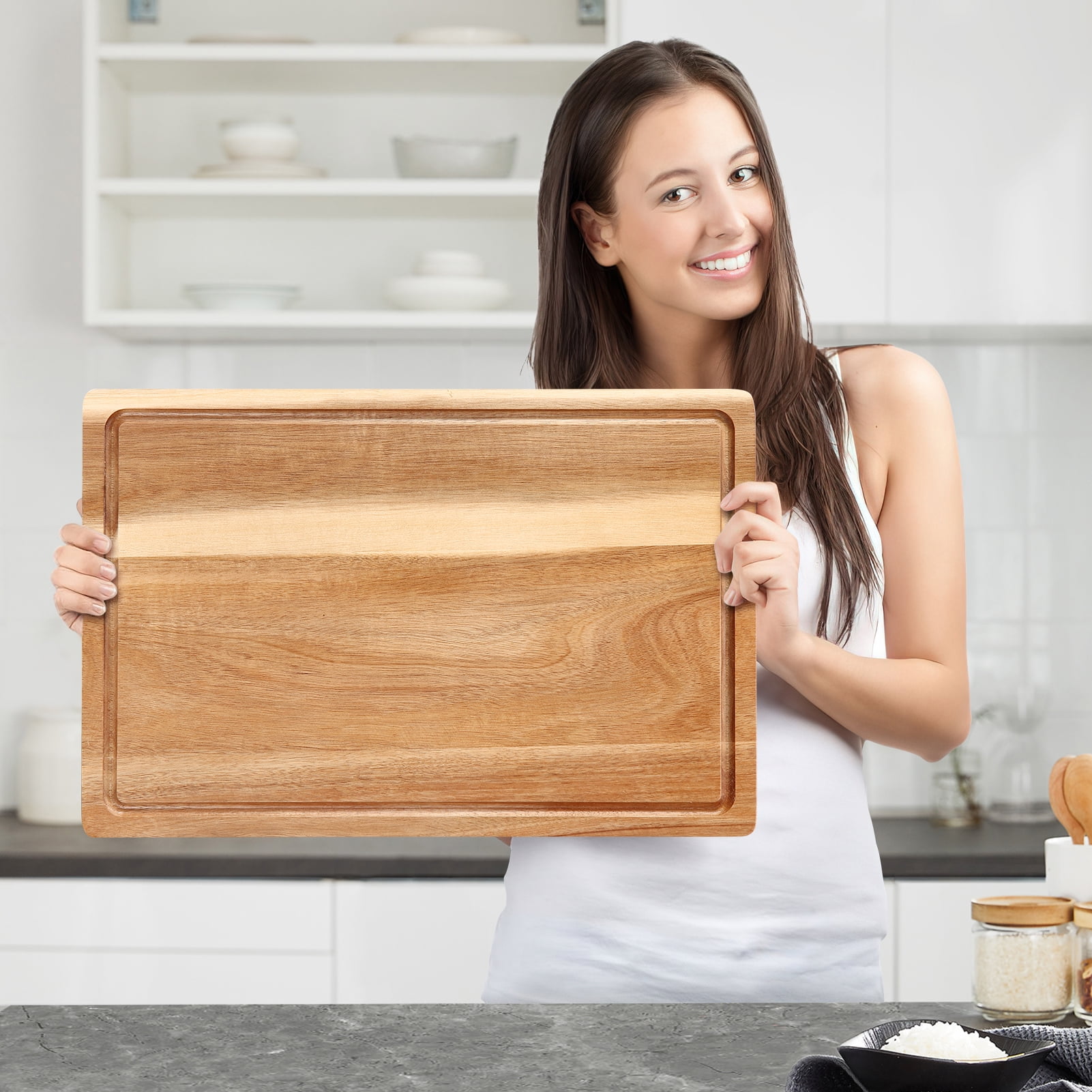 Large Acacia Wood Cutting Board with Juice Groove and Handle Hole