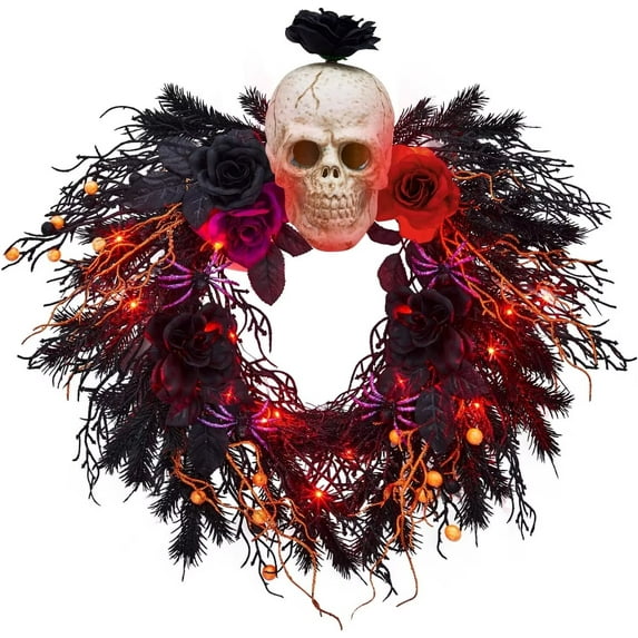 HOBLOC 20" Halloween Wreath with Lights, Skull Wreath with Rose Flowers and Glittering Spider, Artificial Halloween Party Decorations for Front Door Indoor Outdoor Wall Window Porch