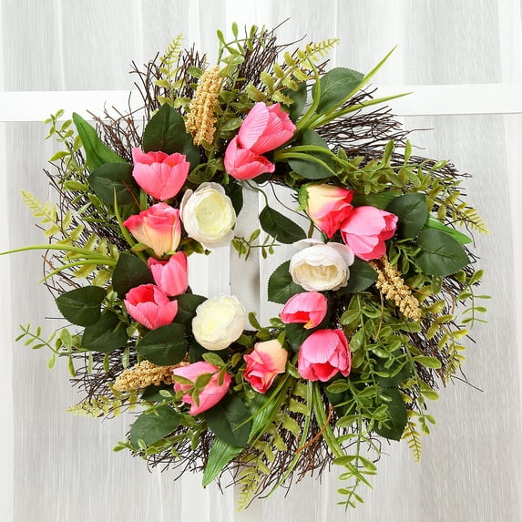 HOBLOC 20 inches Front Door Wreath with Tulip Artificial Spring Summer Wreath for Wall Window Room Farmhouse Indoor Outdoor Decor