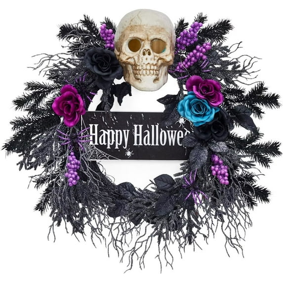 HOBLOC 22" Halloween Wreath with Lights, Skull Wreath with Happy Halloween Sign, Artificial Halloween Party Decorations for Front Door Indoor Outdoor Wall Window Porch