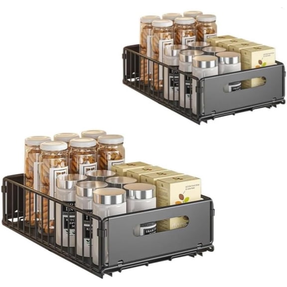 HOBLOC 2PCS Pull Out Cabinet Organizer for Kitchen,Slide Out Cupboard Organiser Drawer Storage Shelves,Sliding Cabinet Basket,No Drilling and Nailing,9.6" W X14.7 D X 3.9" H