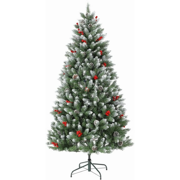 HOBLOC 6FT Snow Flocked Artificial Christmas Tree,Easy Quick Set Up Fraser Fir Christmas Tree with Pine Cones Berries,Hinged Metal Stand, Xmas Tree for Home Holiday Party Decor