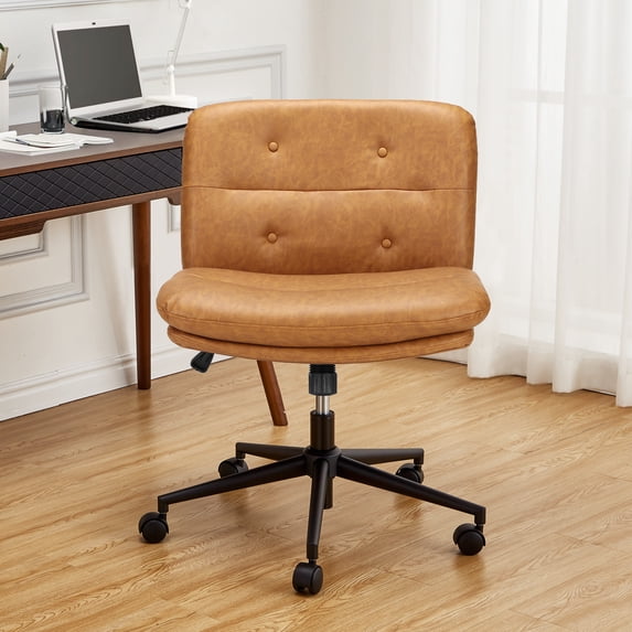 HOBLOC Armless Wide Office Desk Chair with Wheels, Modern Leather Padded Vanity Chair, Adjustable Swivel Task Chair, Ergonomic Cross Legged Home Office Computer Chair, Brown