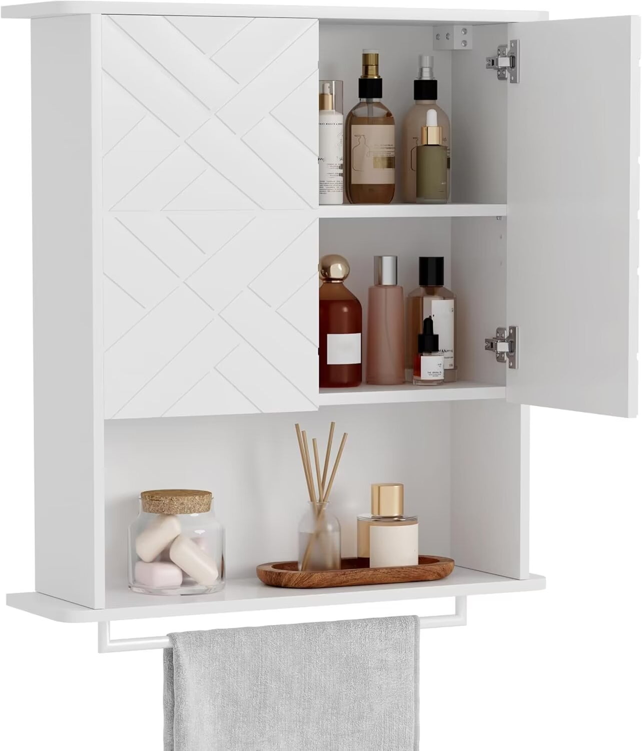 HOBLOC Bathroom Wall Cabinet with Towels Bar, Doors & Adjustable Shelf ...