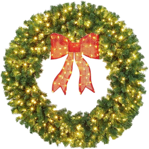 HOBLOC Christmas Wreath with Bow,Large Prelit Weather Resistant Snow Flocked Winter Wreath with LED Lights for Fireplace Garage Gates Indoor Outdoor,Green