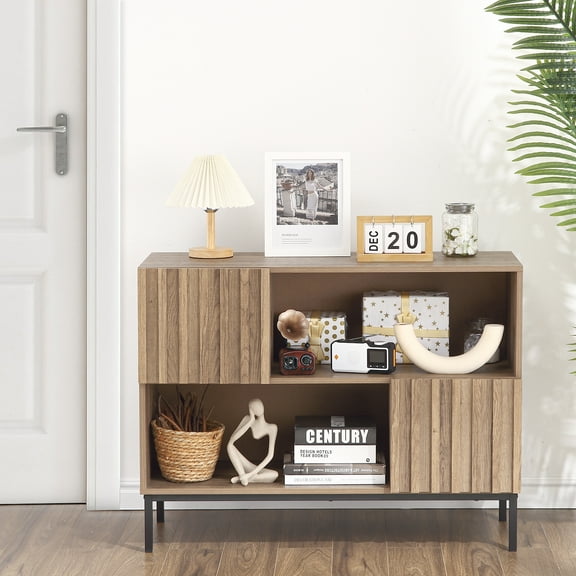 HOBLOC Entryway Table, 39.4" Buffet Cabinet Sideboard with Fluted Door, Storage Shelves & Metal Legs, Console Sofa Table Accent Cabinet for Living Room Hallway