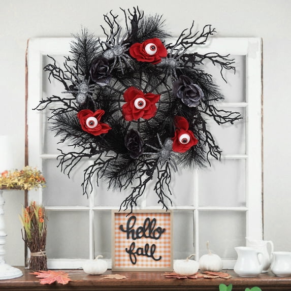 HOBLOC Halloween Front Door Wreath, Spider with Black Red Rose, Eyeball, Door Hanger Wreath, Halloween Decorations Outdoor for Home Porch Yard Wall Indoor Decor