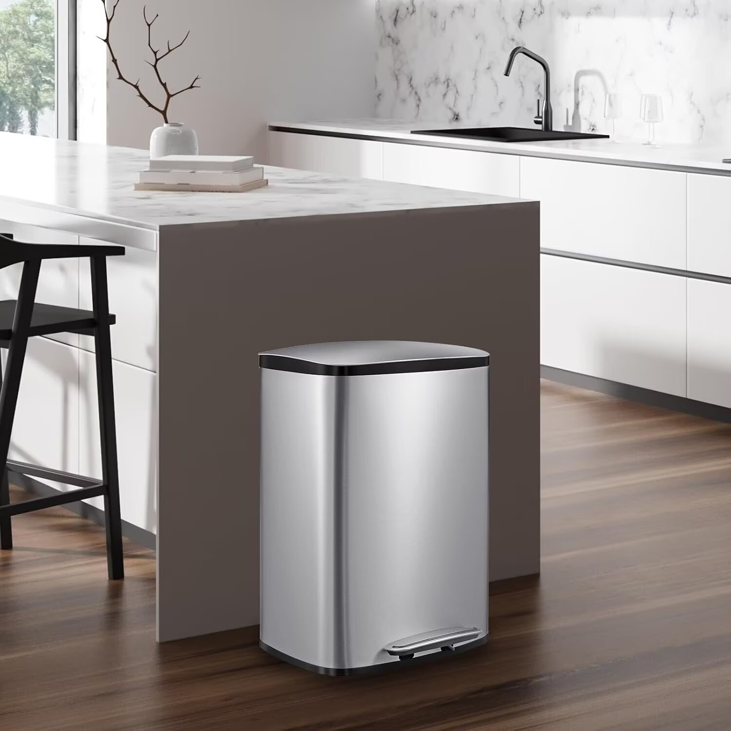 Silver Stainless Steel 50 Liter Pedal Trash Can for Commercial Use