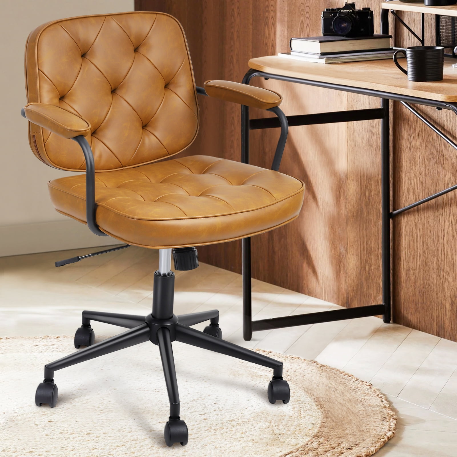 HOBLOC Leather Office Chair with Wheels and Arms, Brown Desk Chair with