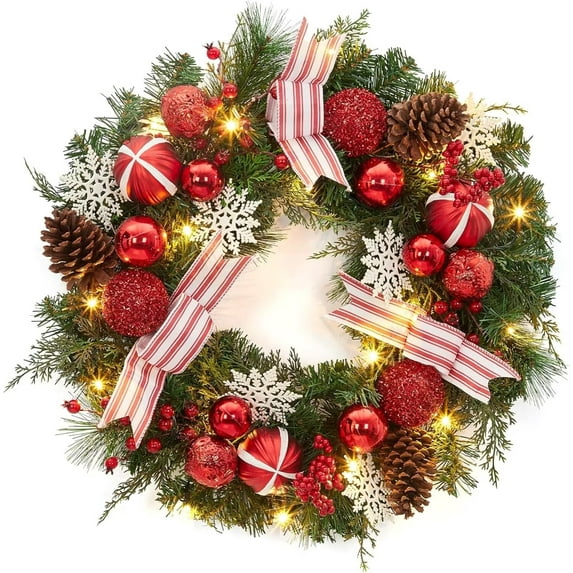 HOBLOC Lighted Christmas Wreaths for Front Door, 24 Inch Pre-lit Xmas Wreath with Lights, Christmas Balls and Bows, Large Outdoor Christmas Wreath for Holiday Wall Christmas Party Decor
