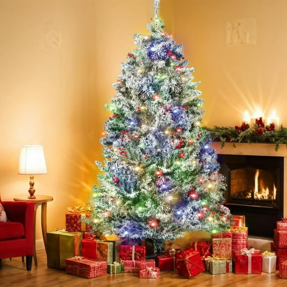 HOBLOC Pre-Lit Artificial Christmas Tree, 6.5 Ft Snow Flocked Xmas Tree with 500 Colorful Led Lights, 928 Branch Tips, Metal Stand Holiday Prelit Christmas Tree for Home, Party Decoration