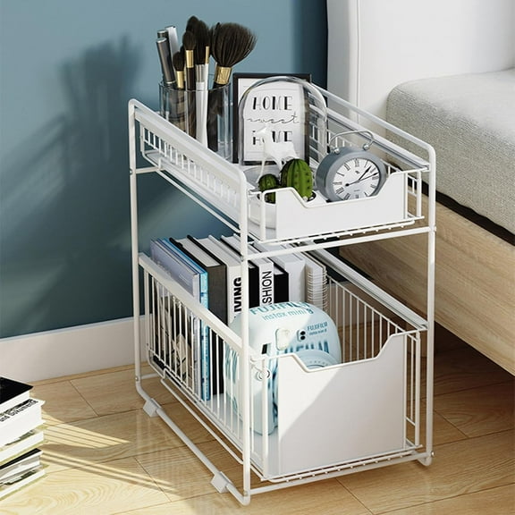 HOBLOC Pull Out Cabinet Organizer,2-Tier Sliding Mesh Cabinet Basket with Adhesive Film,Heavy Duty Slide Out Pantry Shelves Drawer Storage for Kitchen Bathroom Home