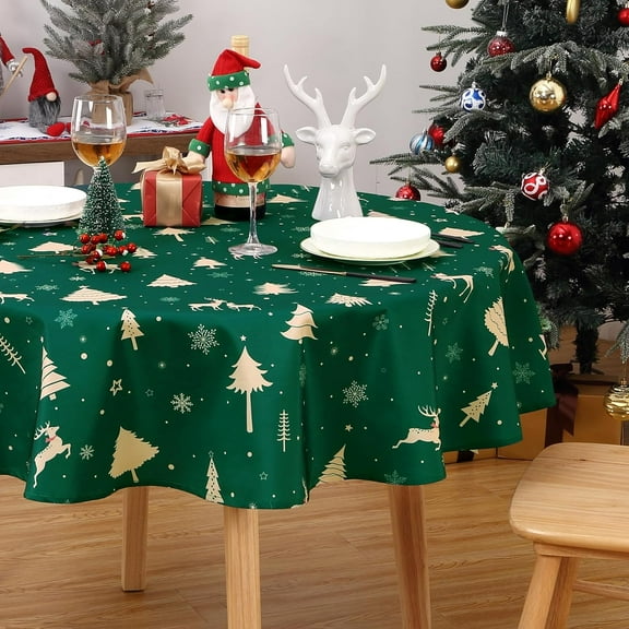 HOBLOC Round Christmas Table Cloth,Waterproof Holiday Xmas Deer Tree Kitchen Christmas Decorations for Home Party Dining Table Decor,Green