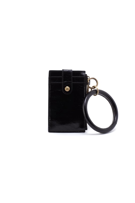 Ring Leather Credit Card Holder & Wristlet with Removable Leather Wristlet Handle and Minimalist Design for Everyday or Travel, Black Y101