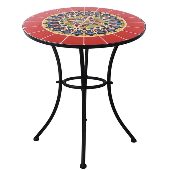 HOBYLUBY 23.6'' Mosaic Round Side Table, Metal Accent End Table, Decorative Coffee Table for Patio, Garden, Home Decor