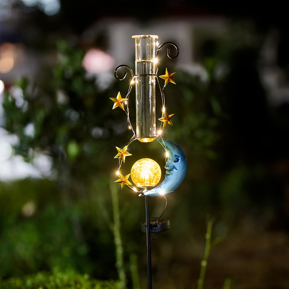 HOBYLUBY Rain Gauge Outdoor AIF4 with 6inch Glass Tube, Solar Moon