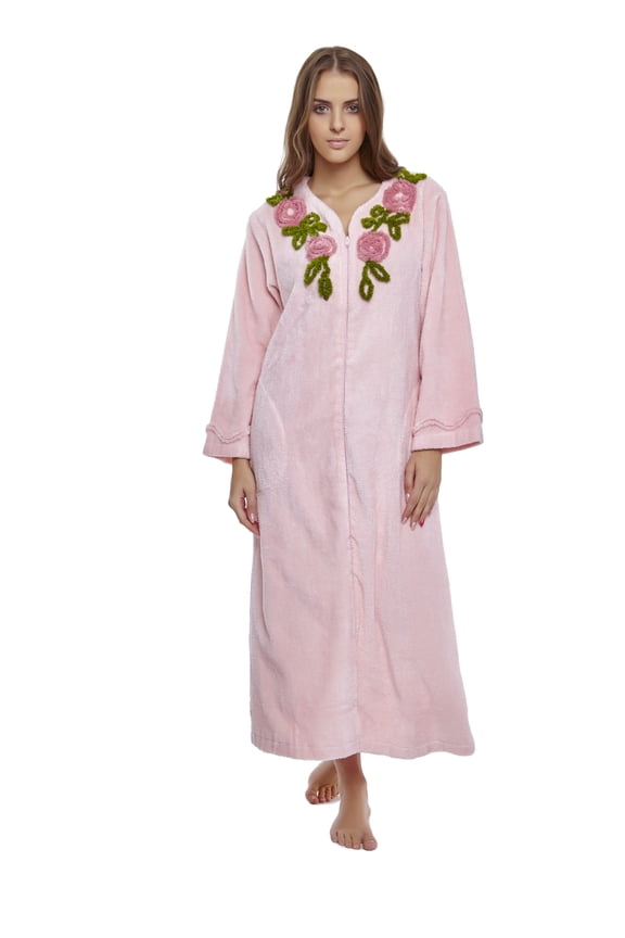 HOC Womens Embroidered 100% Cotton Chenille Robe (Pink Opal, Small)