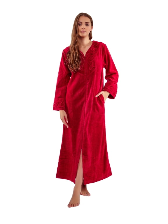 HOC Women's Rose Embroidered Yoke Chenille Zipper Robe (Red Velvet, Large)