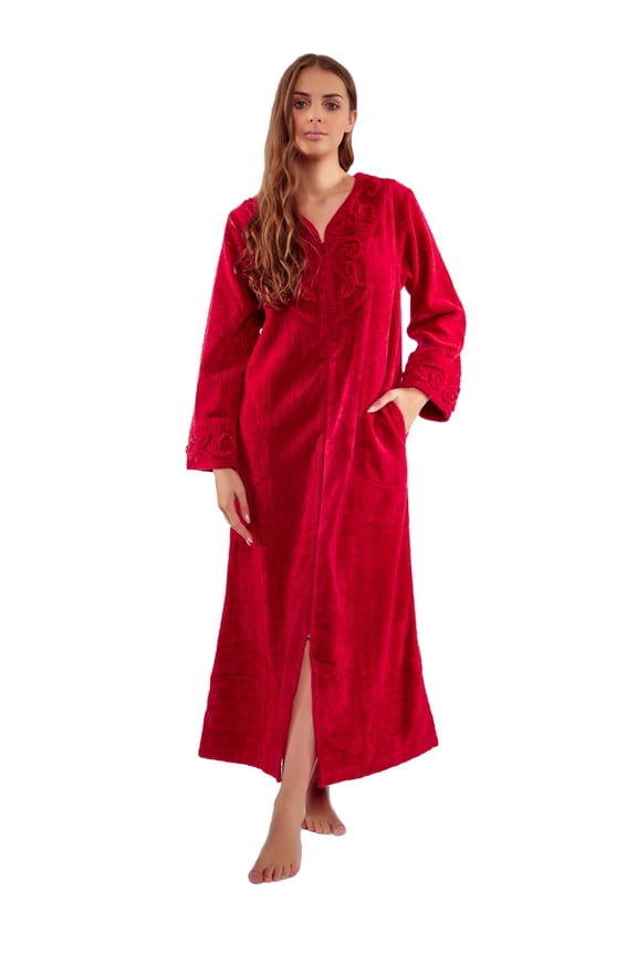 HOC Women's Rose Embroidered Yoke Chenille Zipper Robe (Red Velvet, Small)