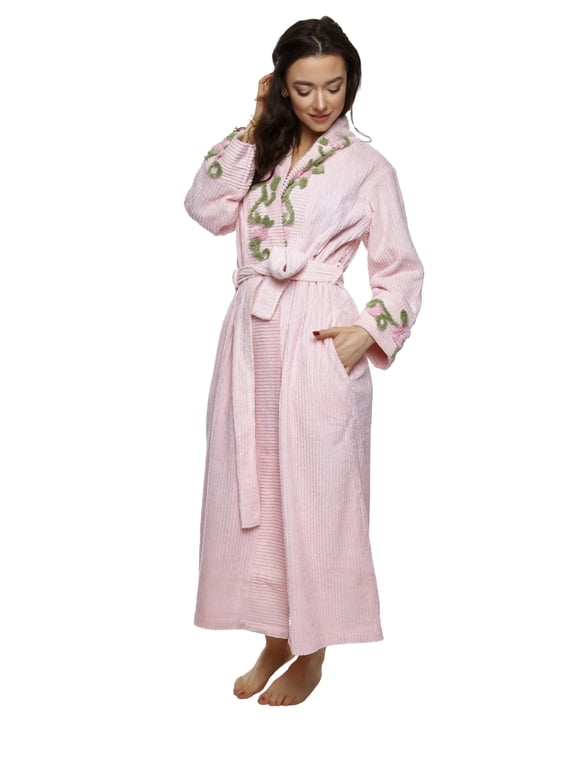HOC Women's Vine Embroidered Shawl Collar Chenille Robe (Pink, Large)