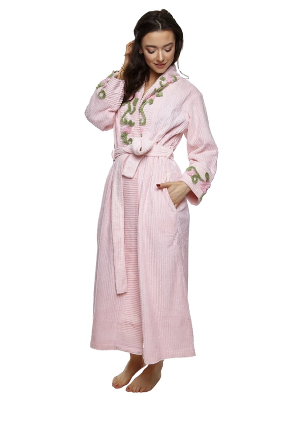 HOC Women's Vine Embroidered Shawl Collar Chenille Robe (Pink, Small)
