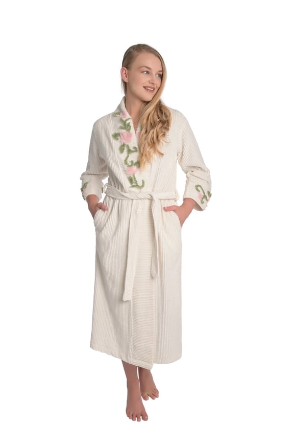 HOC Women's Vine Embroidered Shawl Collar Chenille Robe (as1, alpha, 1x, regular, regular, Ivory)