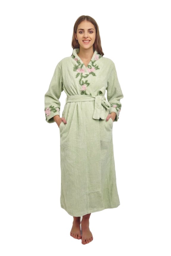 HOC Women's Vine Embroidered Shawl Collar Chenille Robe (as1, alpha, s, regular, regular, Mint Green)