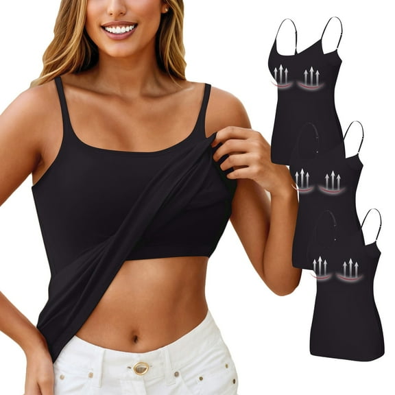 HOCIRET Tank Top with Built In Bra for Women Adjustable Spaghetti Strap Tops Solid Scoop Neck Padded Cami Shirt Y2k Layering Shapewear Black L
