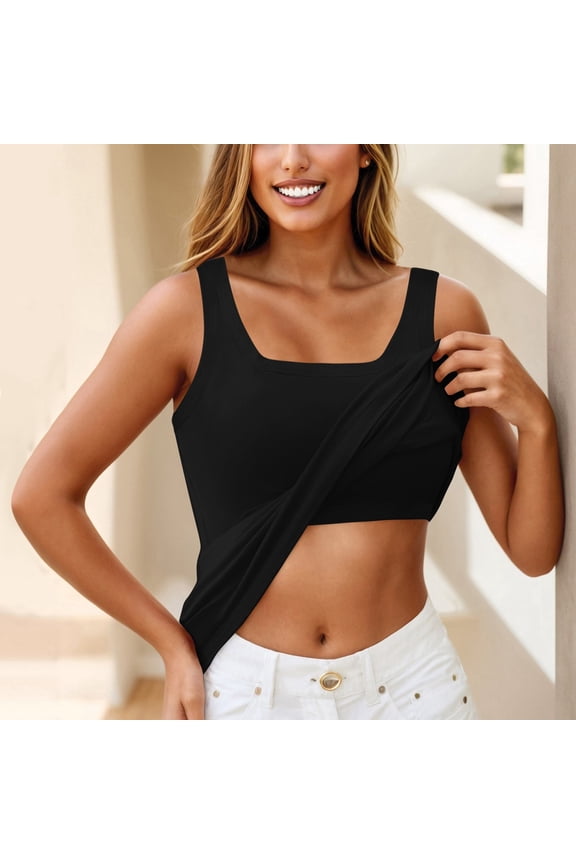 Tank Top with Built In Bra for Women Adjustable Spaghetti Strap Tops Solid Scoop Neck Padded Cami Shirt Y2k Layering Shapewear Black One Size