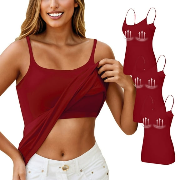 HOCIRET Tank Top with Built In Bra for Women Adjustable Spaghetti Strap Tops Solid Scoop Neck Padded Cami Shirt Y2k Layering Shapewear Wine XL