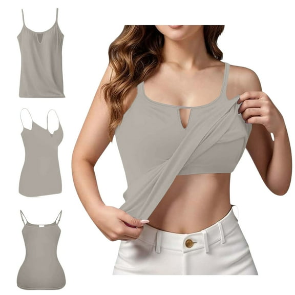 HOCIRET Tank Tops with Built in Bra for Women Adjustable Spaghetti Strap Cami Sleeveless Summer Tops Khaki L