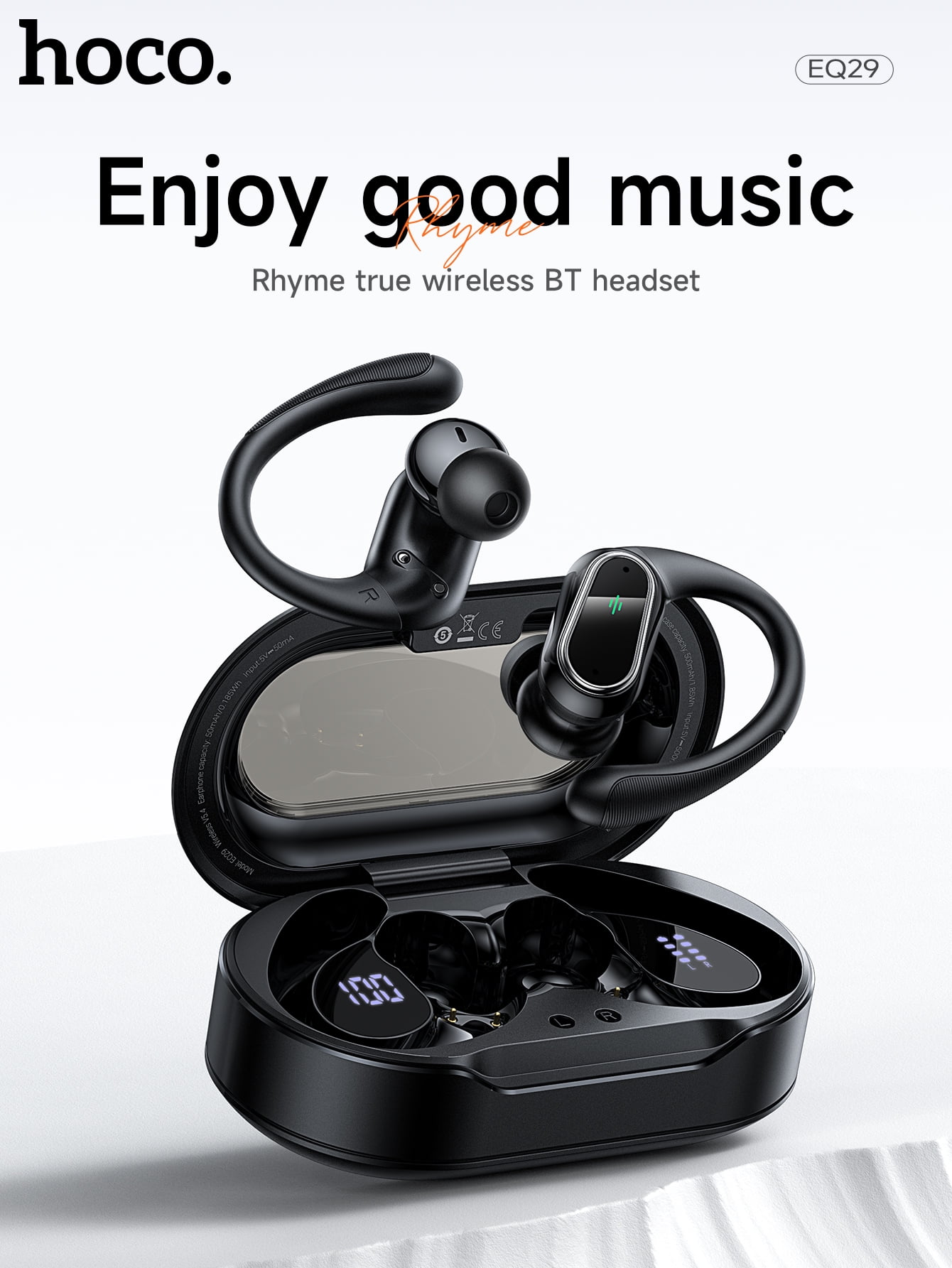 HOCO Open-Ear Bluetooth Earbuds with Smart Digital Power Display,500mAh Charging Case, Lightweight, Secure Fit for Sports