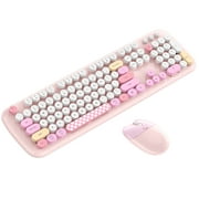 HOCO Wireless Keyboard and Mouse Set ,Cute Keyboard Retro Round Keycap and Silent Compact USB Mouse for Computer, Laptop, PC（Pink)