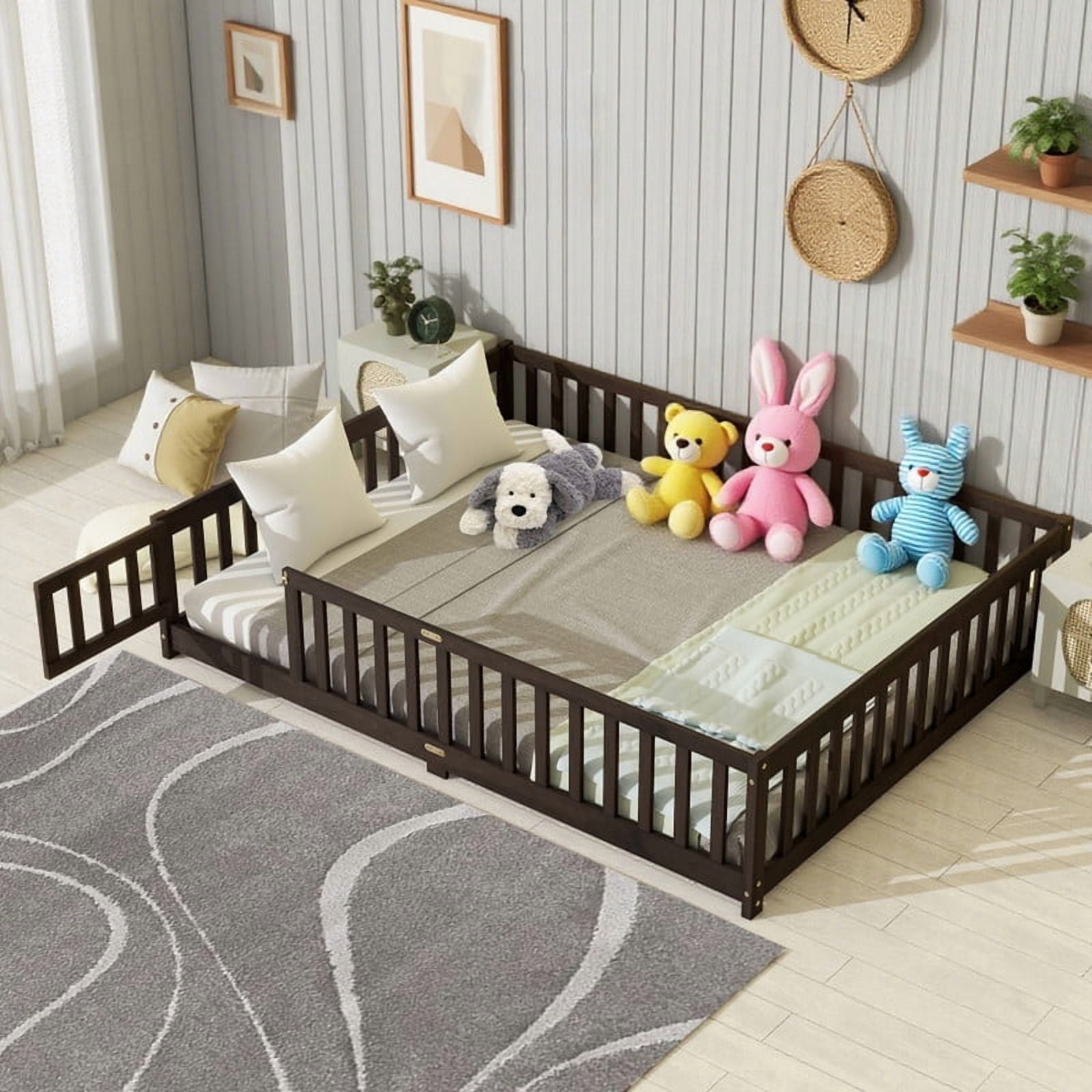 HOCOMILA Queen Size Floor Bed with Fence, Montessori Floor Bed with Slats and Safety Guardrails, Wood Queen Bed, Espresso
