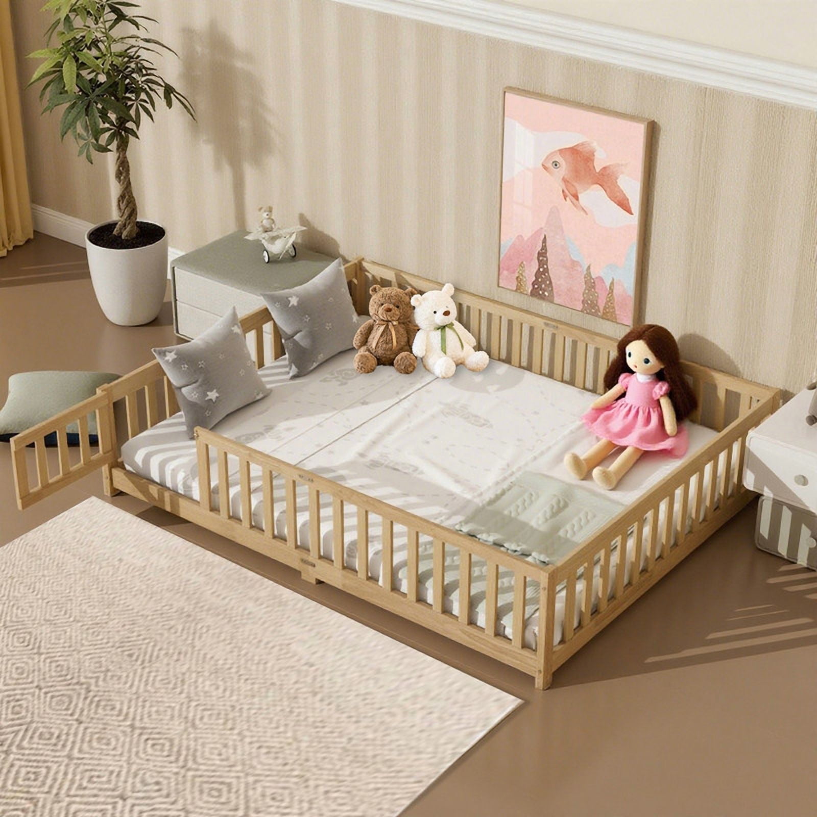 HOCOMILA Queen Size Floor Bed with Fence, Montessori Floor Bed with Slats and Safety Guardrails, Wood Queen Floor Bed, Natural