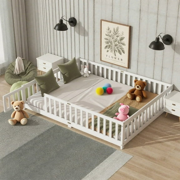HOCOMILA Queen Size Floor Bed with Fence, Montessori Floor Bed with Slats and Safety Guardrails, Wood Queen Bed for Teen, White