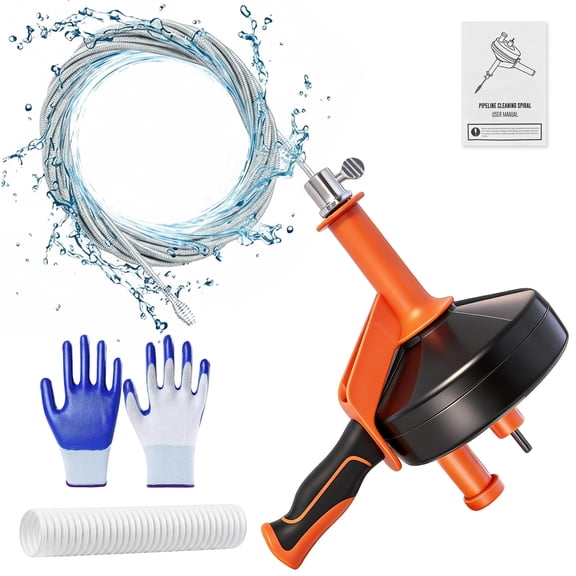 HODVIT 25Ft Drain Snake, Plumbing Snake Drain Hair Clog Removal Tool, Suitable for Kitchens, Bathrooms and Sinks, Includes Protective Hose and Gloves