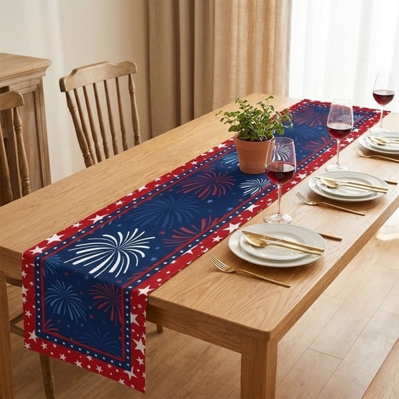 HODWIEQU 12.99X70.86In Independence Day Tablecloth, Colorful Pyrotechnics Design, Family Festival Theme Party Desktop Decor Multicolor Free Size