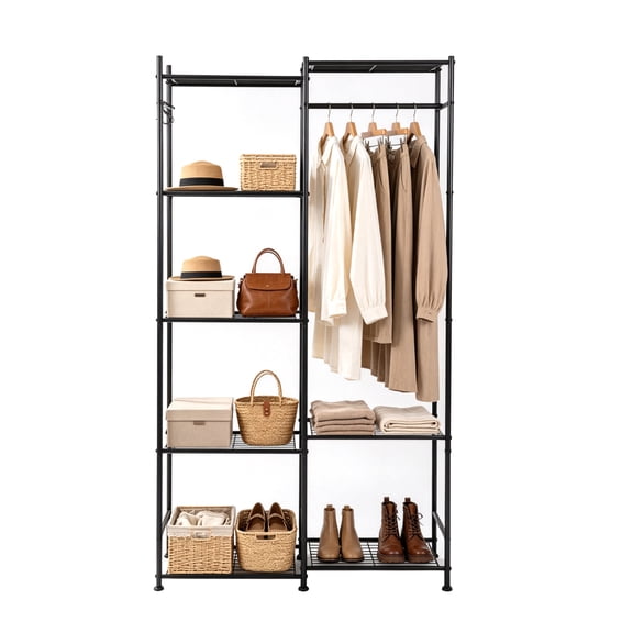 HODYANN Sturdy Portable Closet with 8 Shelves & Hanging Rod, Black