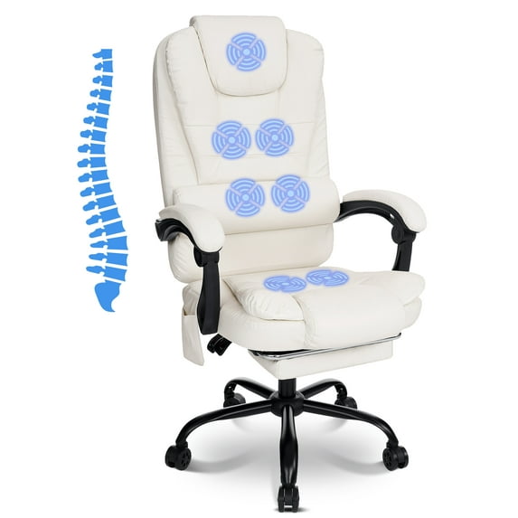 HOFFREE Executive Office Chair with Massage and Footrest Reclining Ergonomic Office Chair Soft Leather Computer Desk Chairs with High Back Armrest for Home Office,Beige