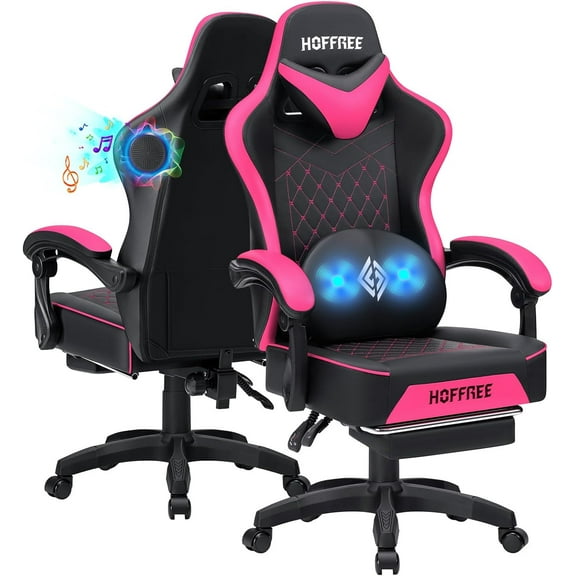 HOFFREE Gaming Chair Computer Chair with Speakers Massage Game Chairs with Footrest Bluetooth High Back Ergonomic Computer Gaming Chairs for Adults Reclining Video Gamer Chair Pink and Black