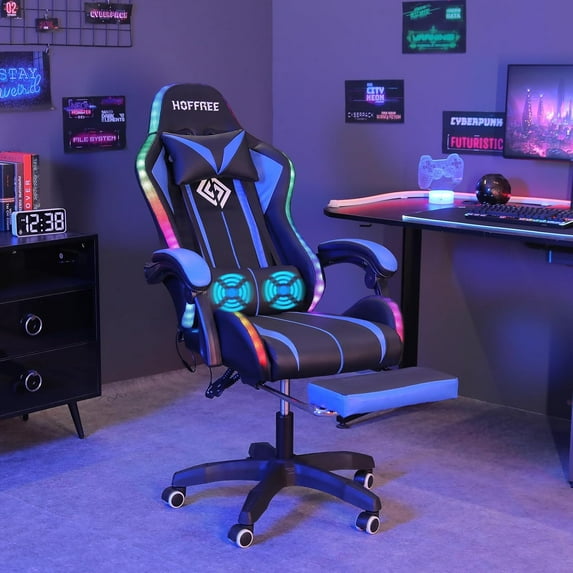 HOFFREE Gaming Chair with LED RGB Lights with Massage and Footrest Ergonomic Computer Chair High Back Video Game Chair with Adjustable Lumbar Support Linkage Armrest Blue and Black