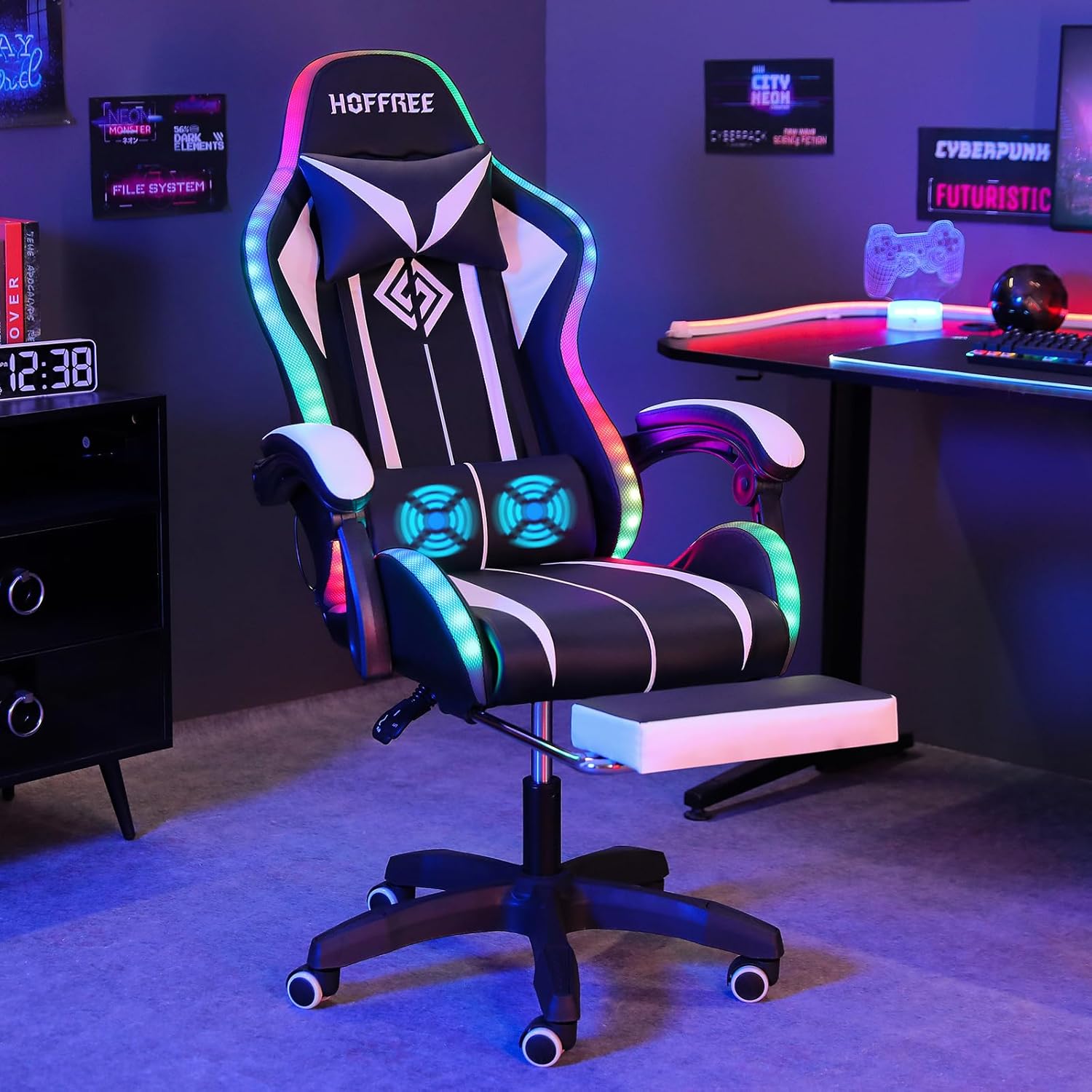 HOFFREE Gaming Chair With LED RGB Lights Massage Function Footrest 