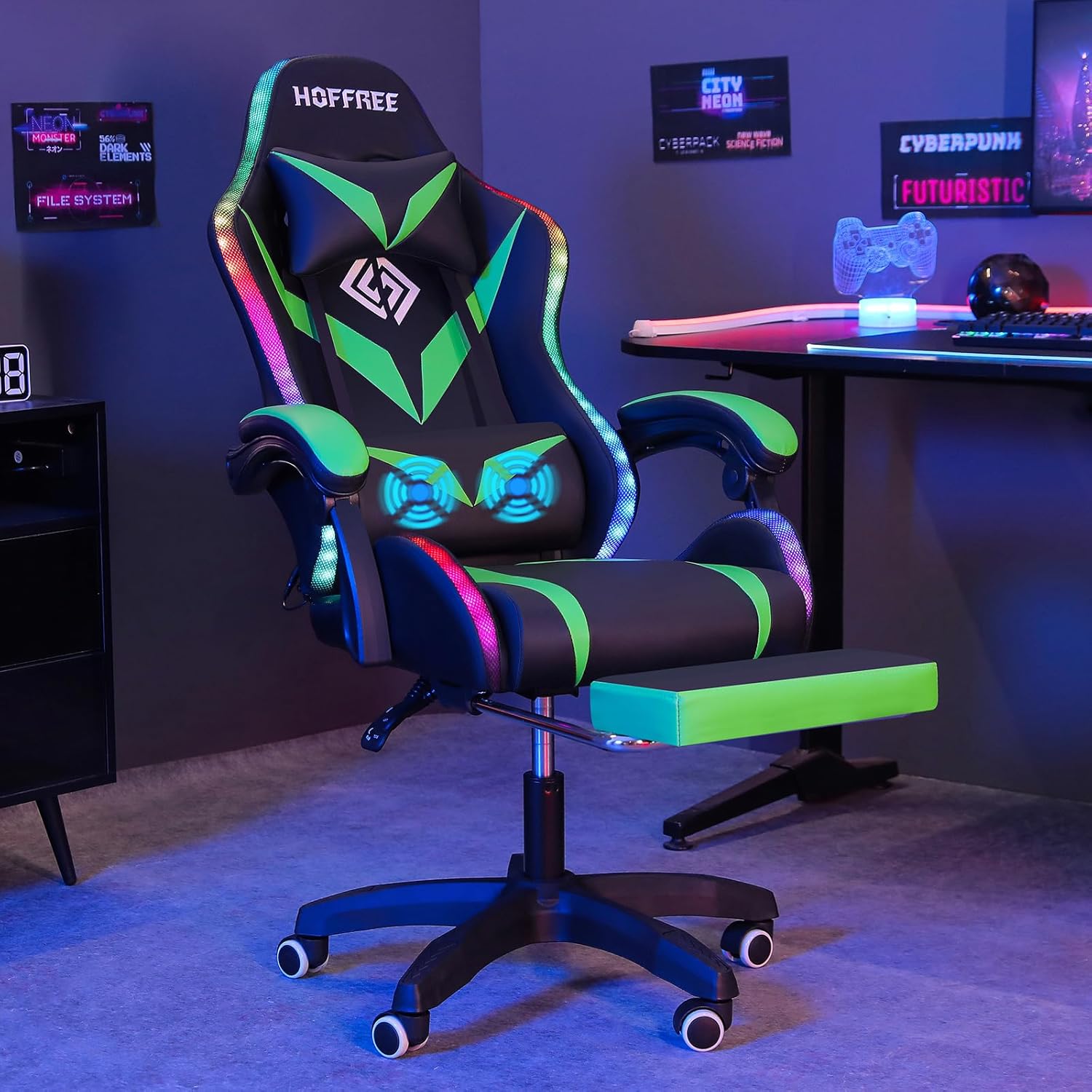 HOFFREE Gaming Chair With Massage And LED RGB Lights Ergonomic Computer 