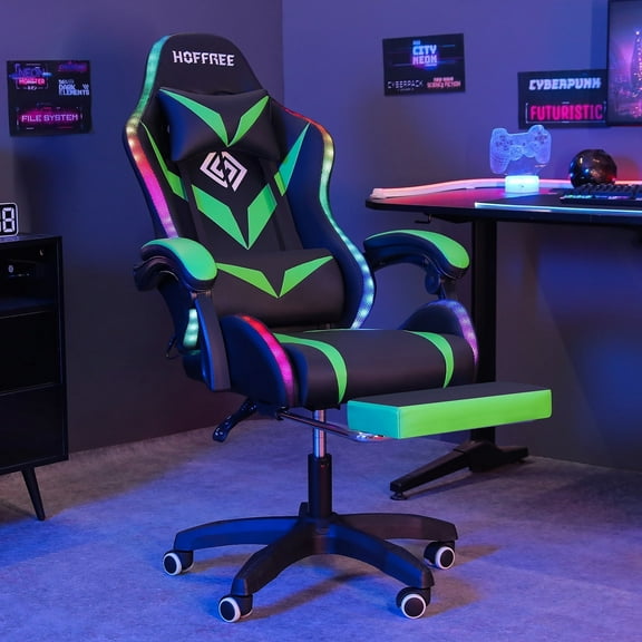 HOFFREE Gaming Chair with Massage and LED RGB Lights Ergonomic Computer Chair with Footrest High Back Video Game Chair with Adjustable Lumbar Support Linkage Armrest for Home Office